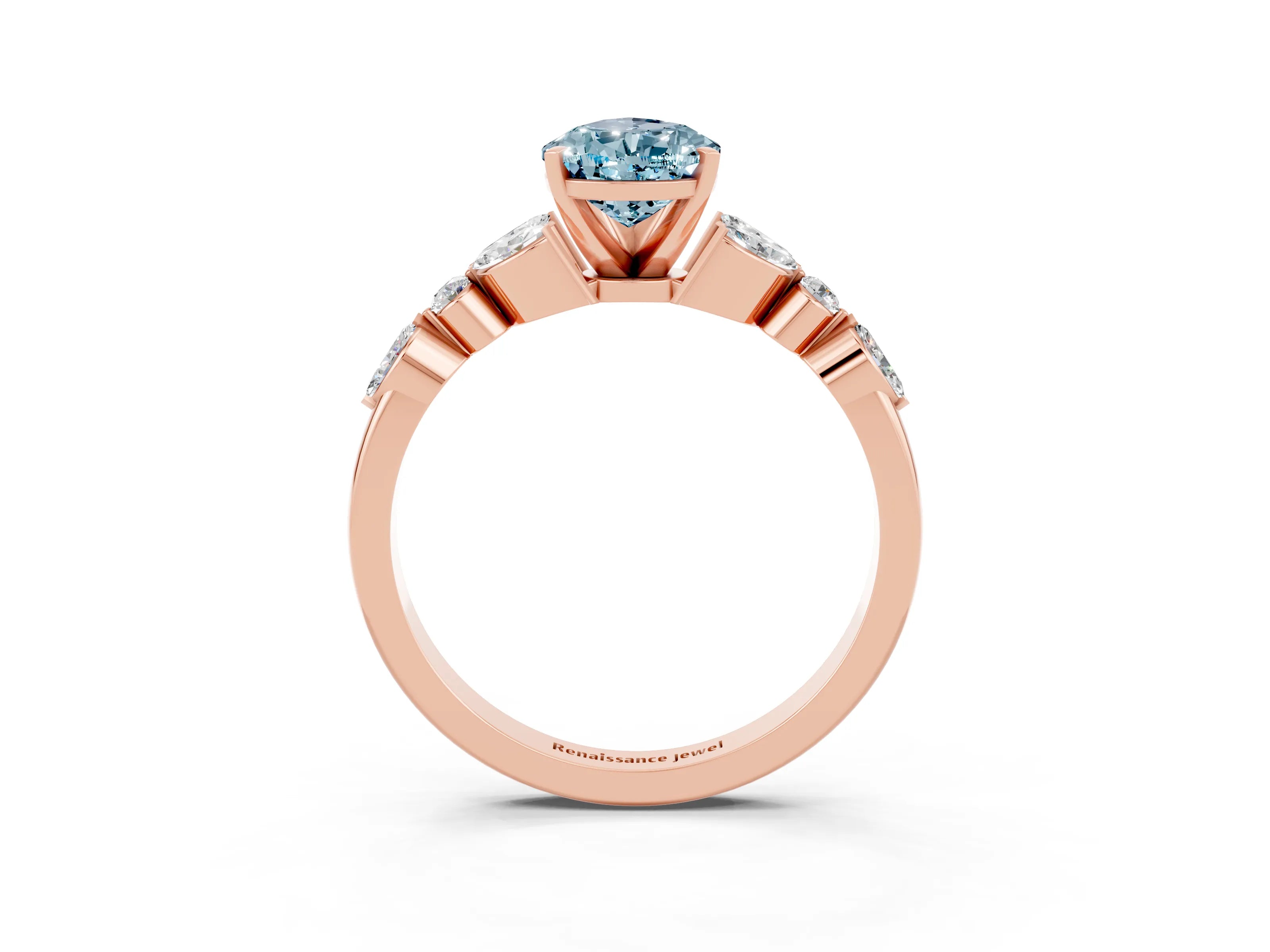 Rose gold Pear Cut Aquamarine Solitaire Ring with Side Stones and Four-Prong Setting_15
