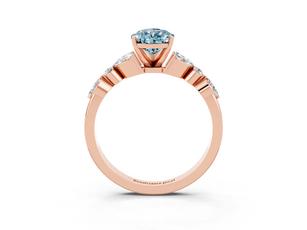 Rose gold Pear Cut Aquamarine Solitaire Ring with Side Stones and Four-Prong Setting