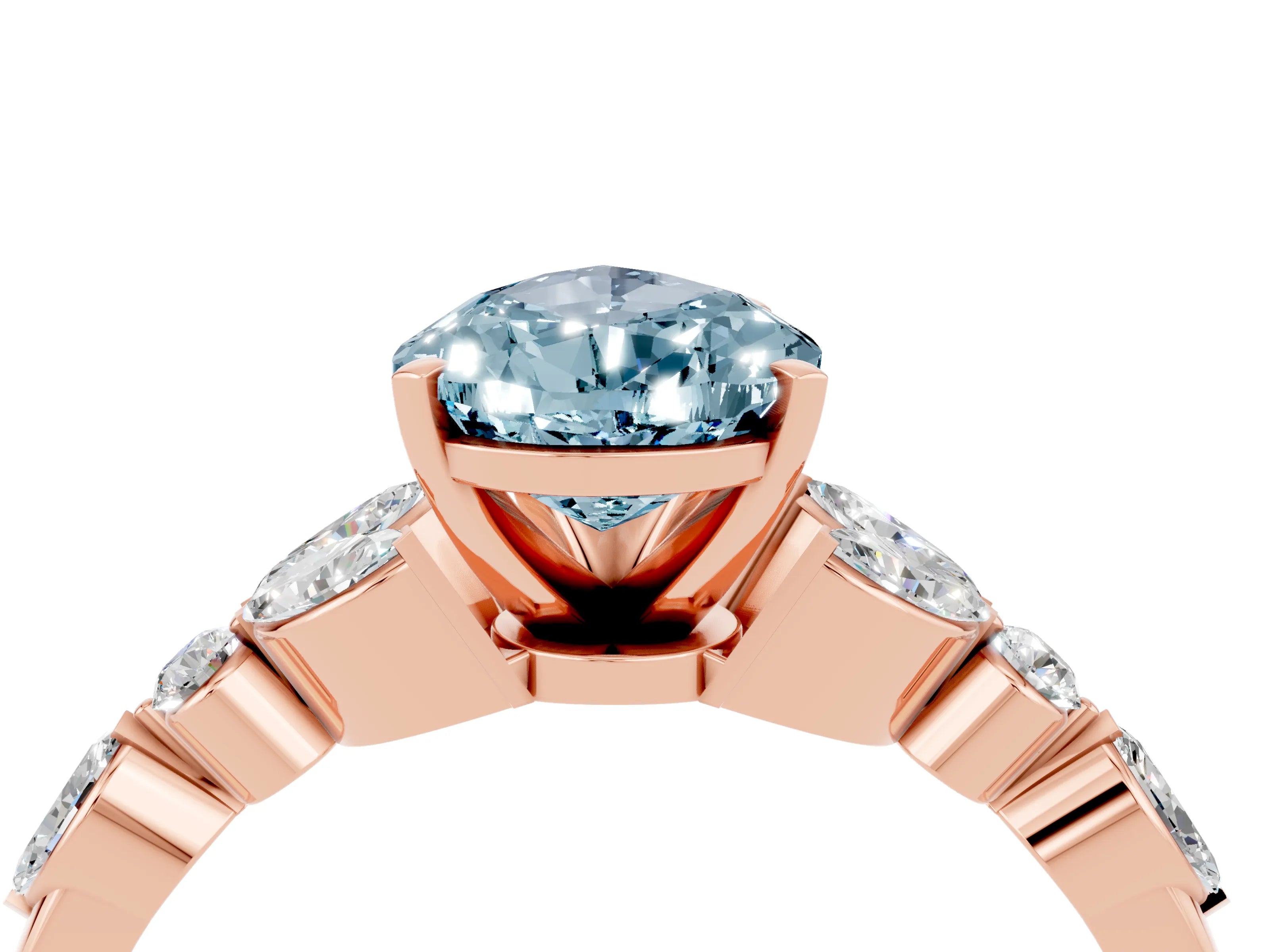 Rose gold Pear Cut Aquamarine Solitaire Ring with Side Stones and Four-Prong Setting_16