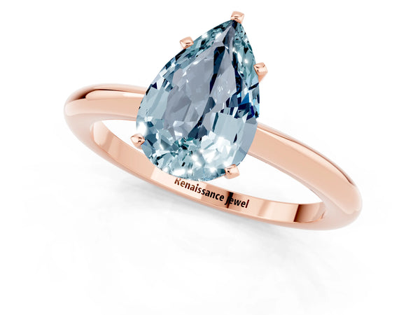 Rose gold Pear Cut Aquamarine Solitaire Ring with Six-Prong Setting and Classic Band