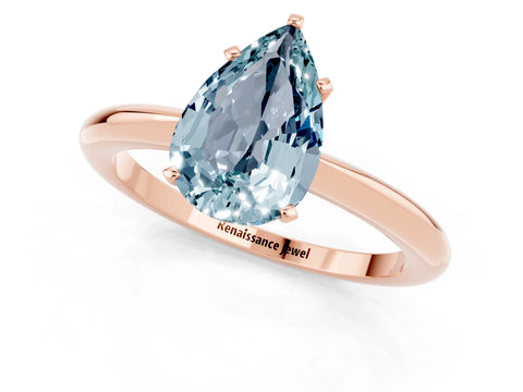 Rose gold Pear Cut Aquamarine Solitaire Ring with Six-Prong Setting and Classic Band_1