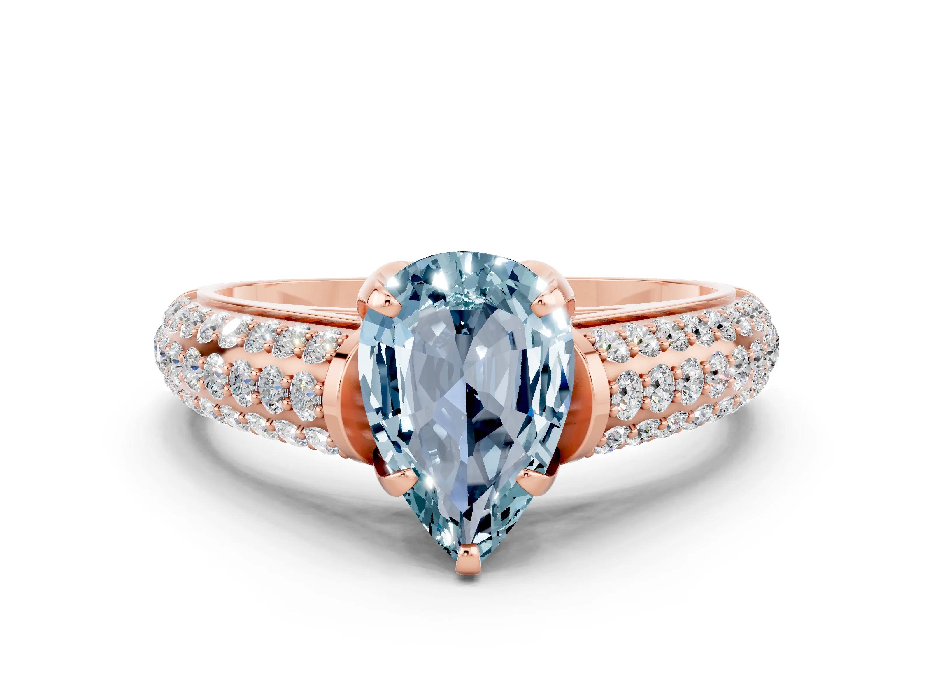 Rose gold Pear Cut Aquamarine Solitaire Ring with Three-Row Pavé Band and Four-Prong Setting_12