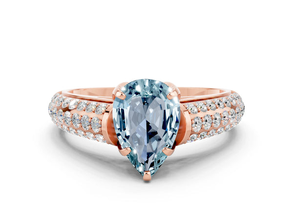 Rose gold Pear Cut Aquamarine Solitaire Ring with Three-Row Pavé Band and Four-Prong Setting