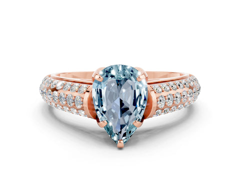 Rose gold Pear Cut Aquamarine Solitaire Ring with Three-Row Pavé Band and Four-Prong Setting_12