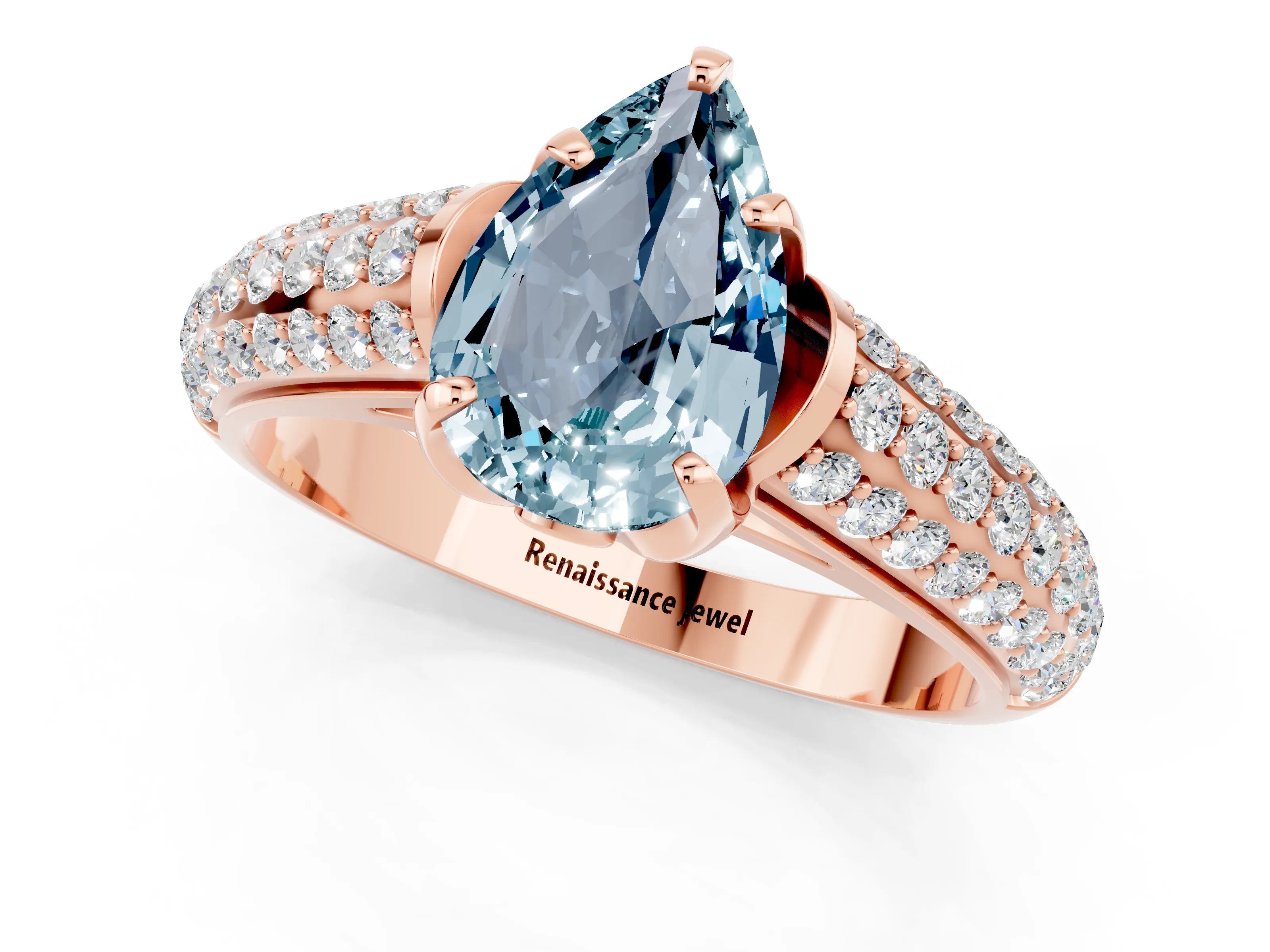 Rose gold Pear Cut Aquamarine Solitaire Ring with Three-Row Pavé Band and Four-Prong Setting_13