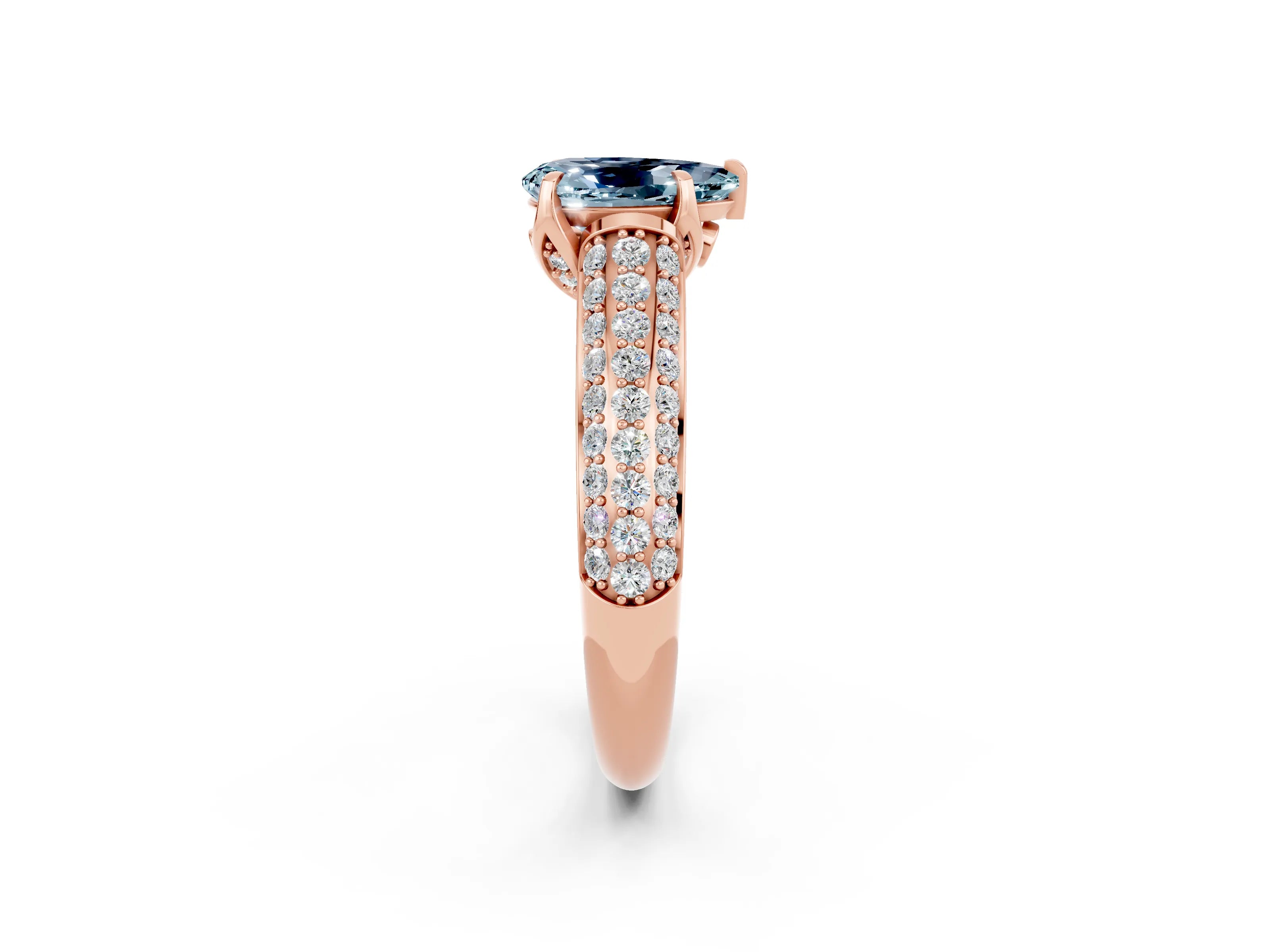 Rose gold Pear Cut Aquamarine Solitaire Ring with Three-Row Pavé Band and Four-Prong Setting_14