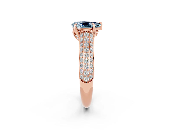 Rose gold Pear Cut Aquamarine Solitaire Ring with Three-Row Pavé Band and Four-Prong Setting