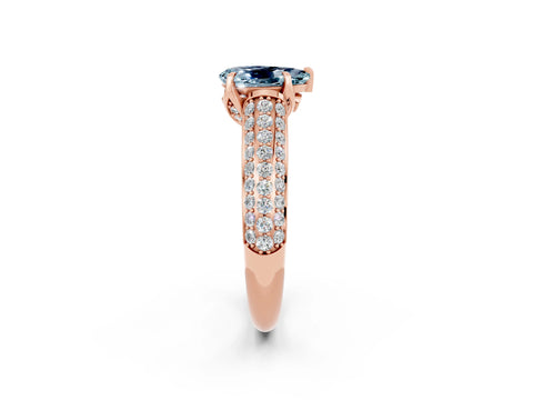 Rose gold Pear Cut Aquamarine Solitaire Ring with Three-Row Pavé Band and Four-Prong Setting_14