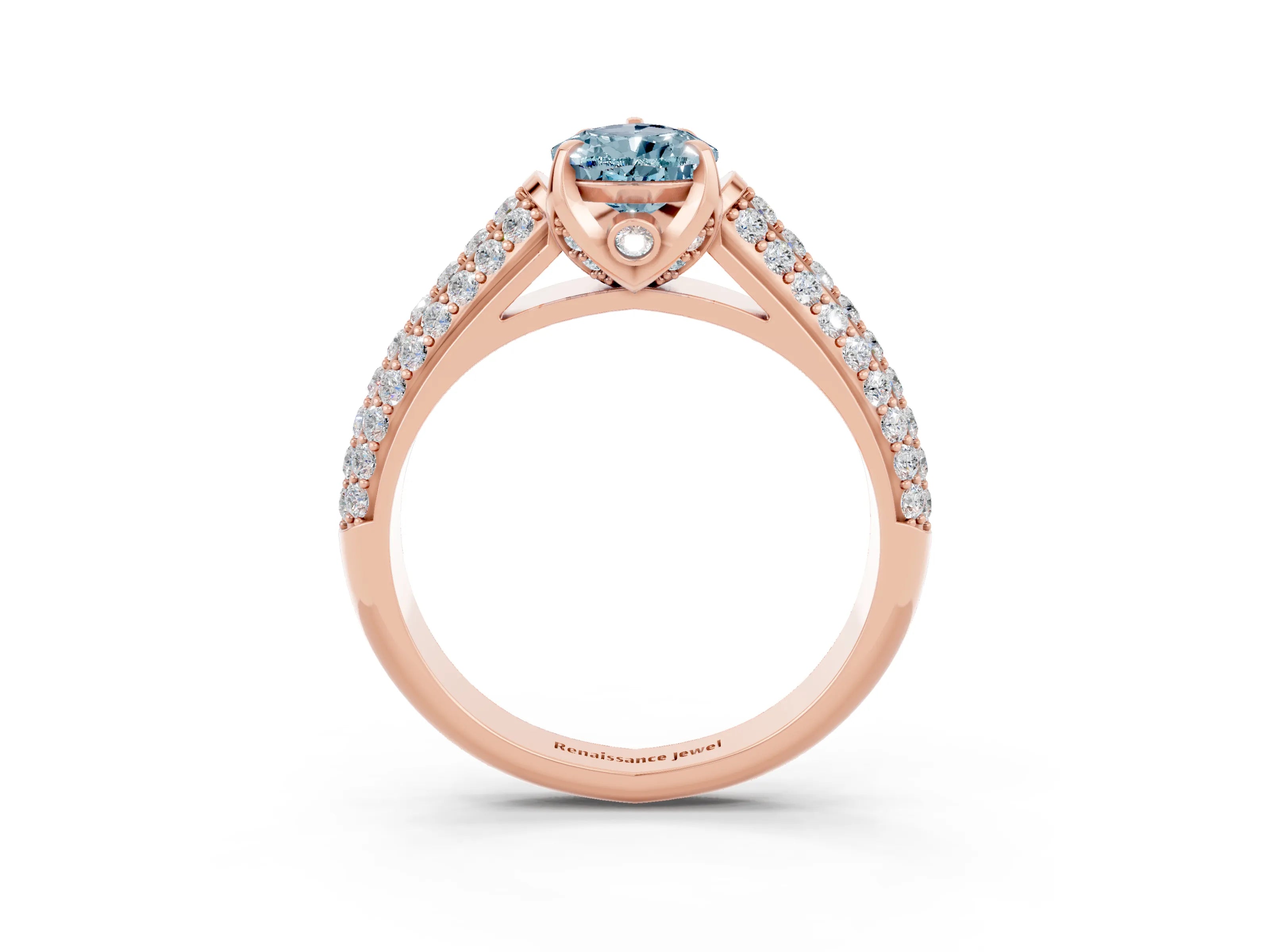 Rose gold Pear Cut Aquamarine Solitaire Ring with Three-Row Pavé Band and Four-Prong Setting_15