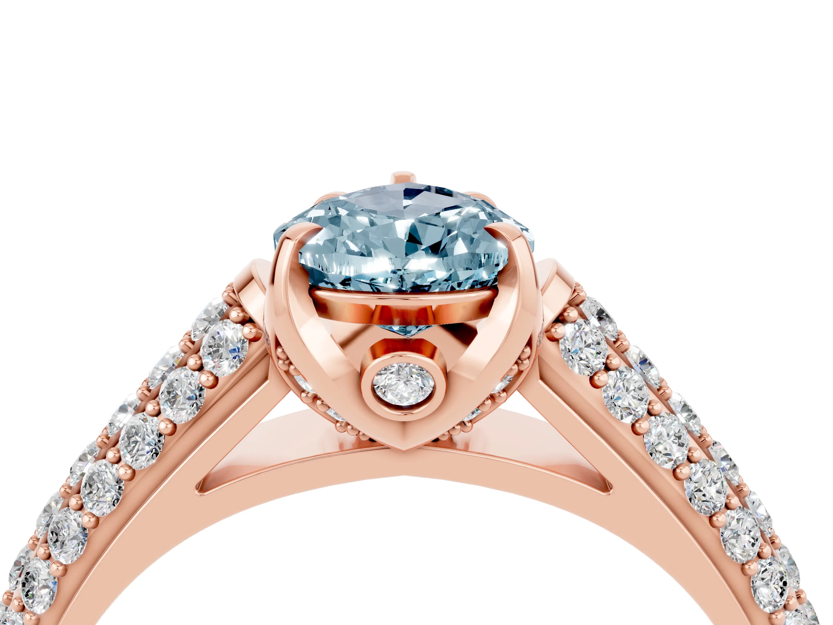 Rose gold Pear Cut Aquamarine Solitaire Ring with Three-Row Pavé Band and Four-Prong Setting_16