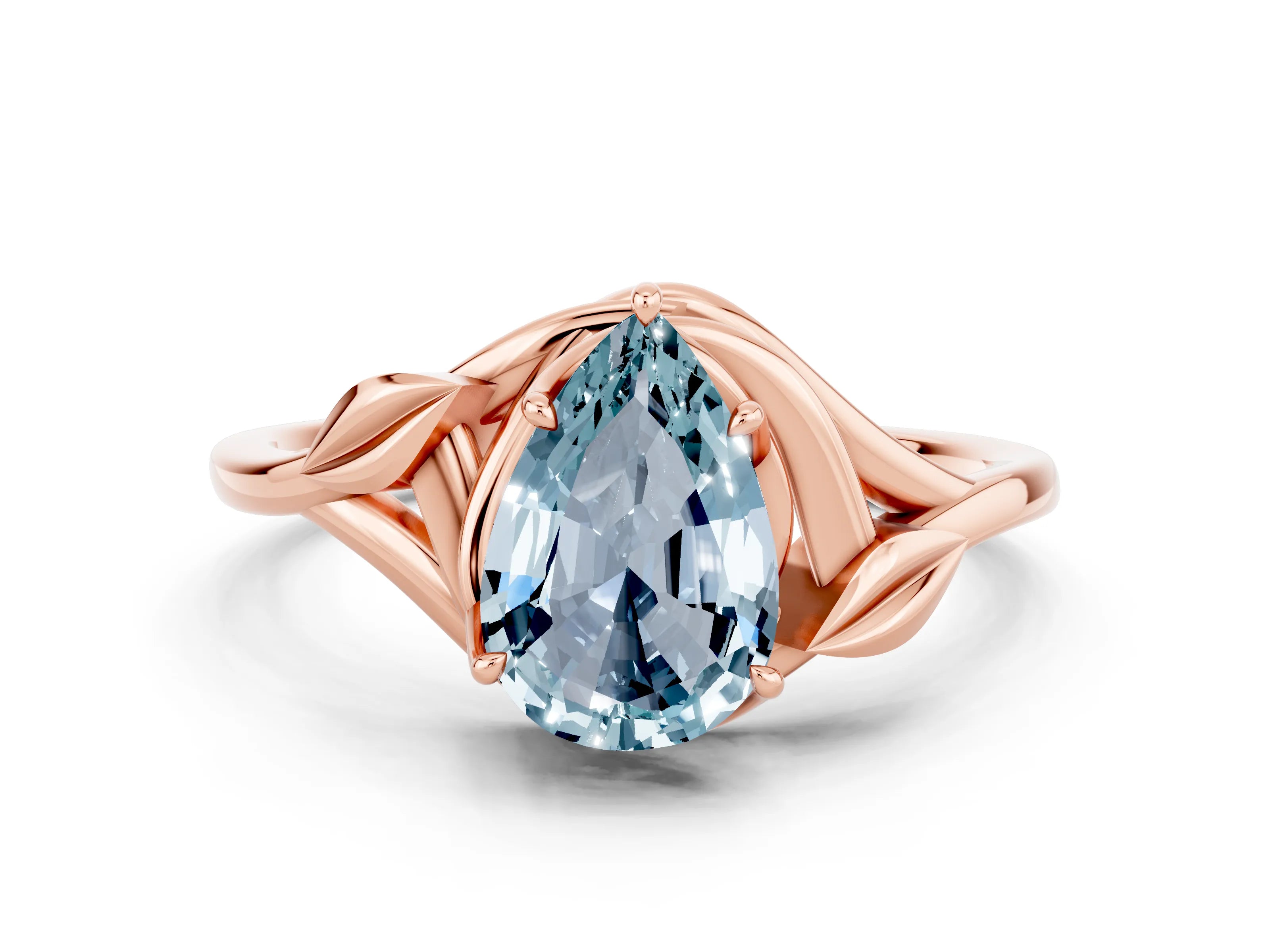 Rose gold Pear Cut Aquamarine Solitaire Ring with Twist Band and Four-Prong Setting_24