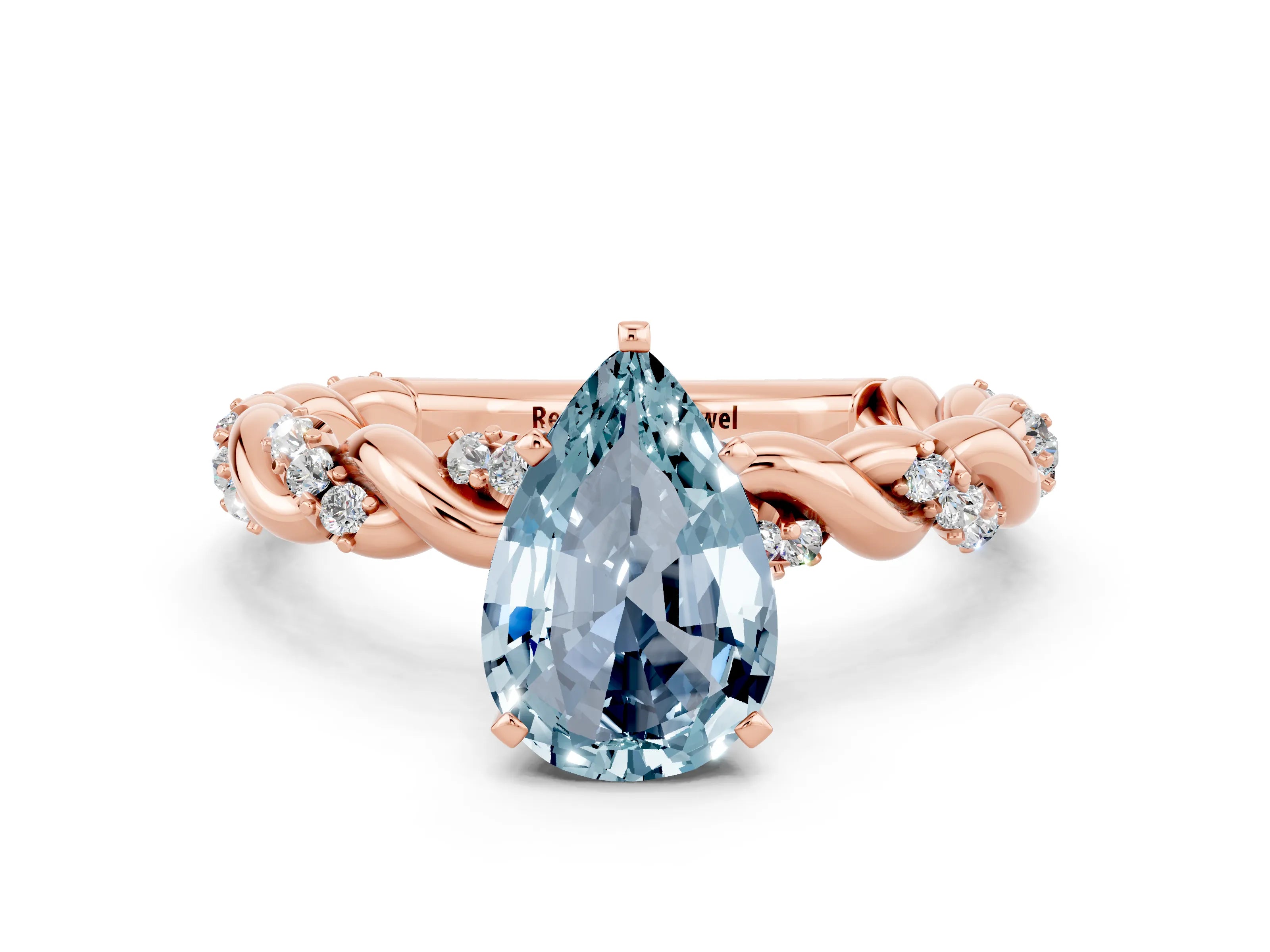 Rose gold Pear Cut Aquamarine Solitaire Ring with Twisted Band and Pavé Accents