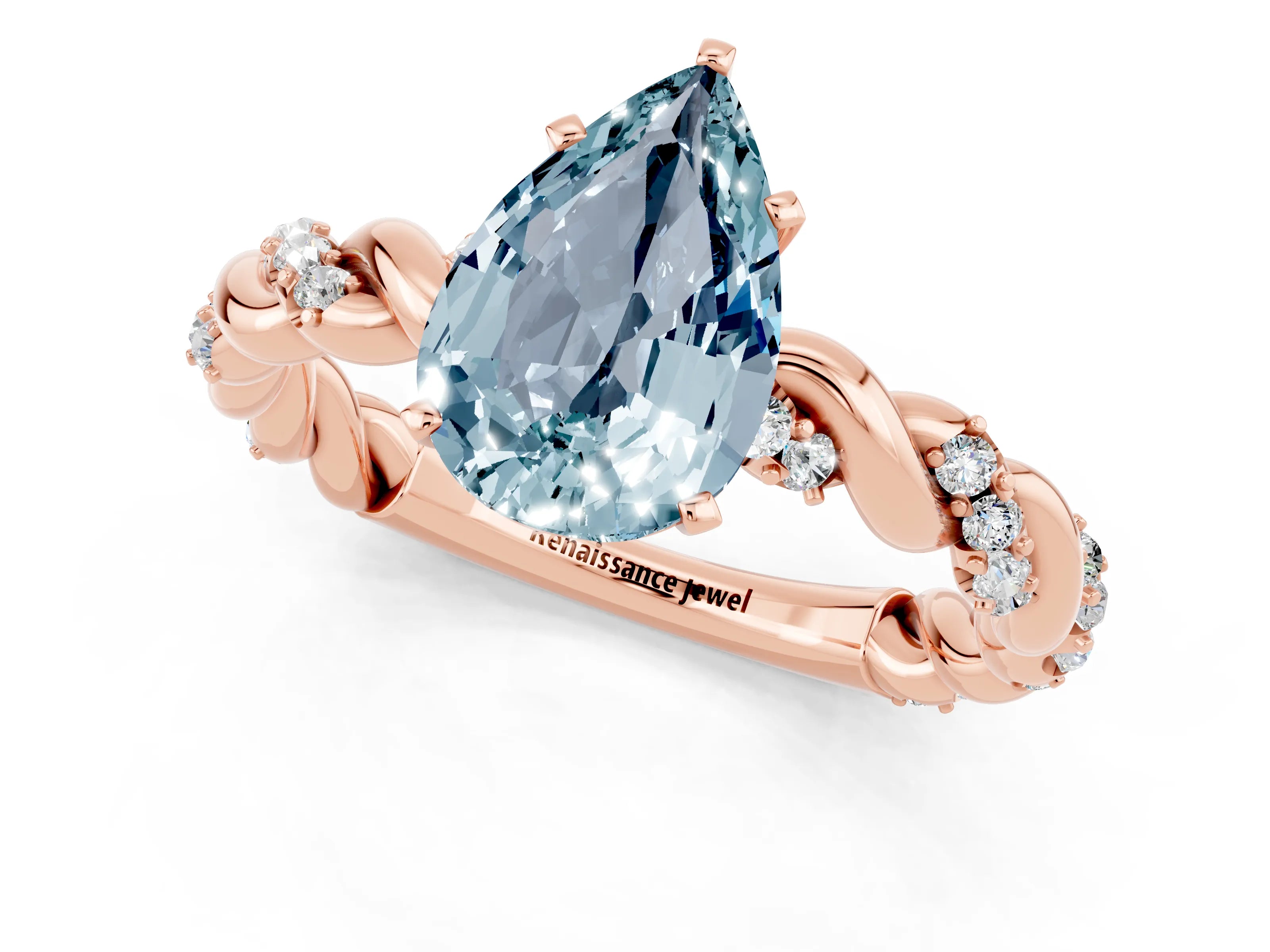 Rose gold Pear Cut Aquamarine Solitaire Ring with Twisted Band and Pavé Accents_1