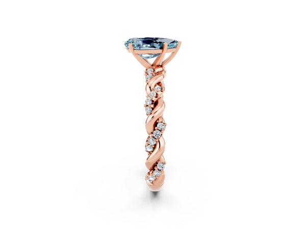 Rose gold Pear Cut Aquamarine Solitaire Ring with Twisted Band and Pavé Accents
