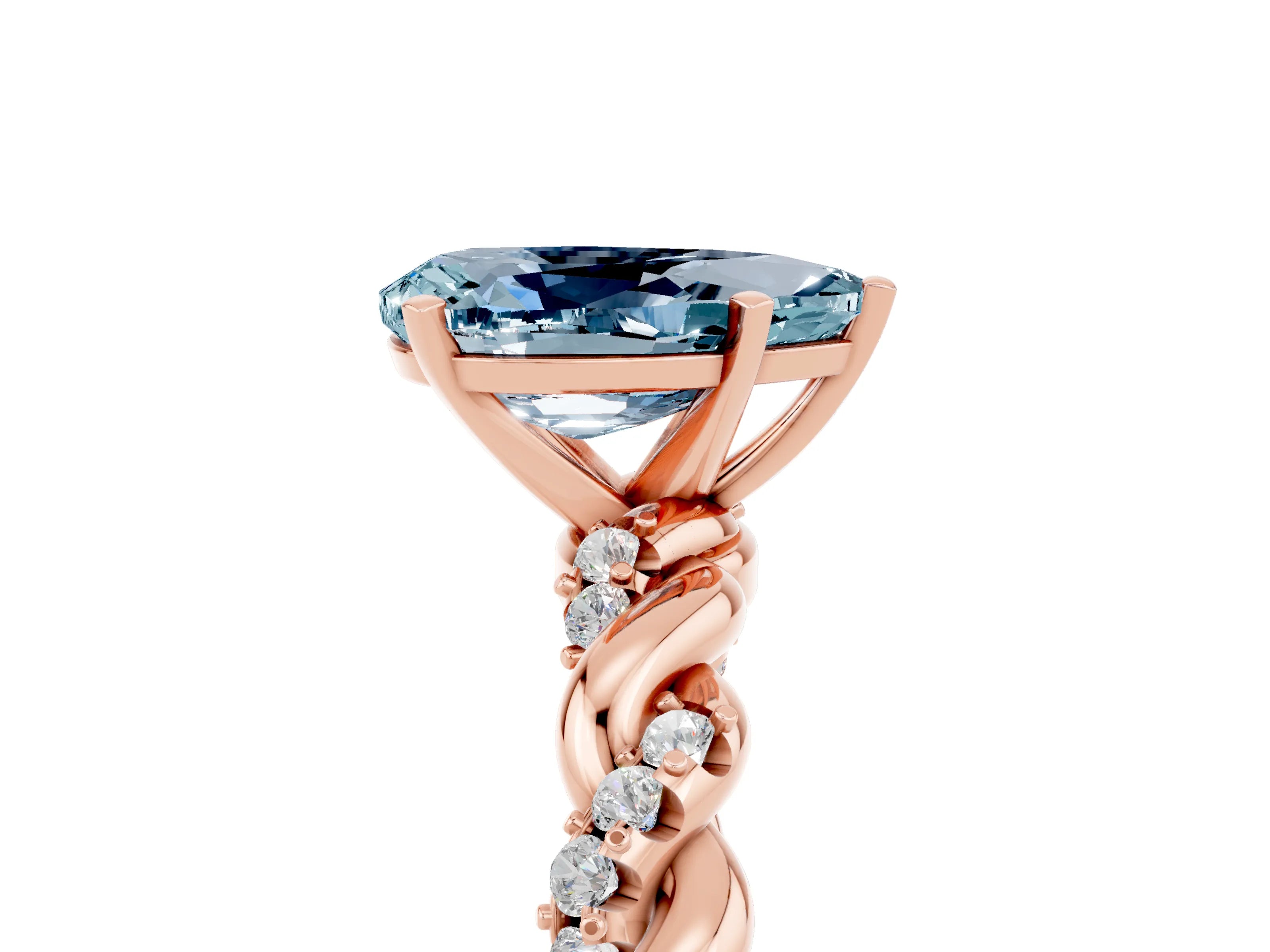 Rose gold Pear Cut Aquamarine Solitaire Ring with Twisted Band and Pavé Accents_5