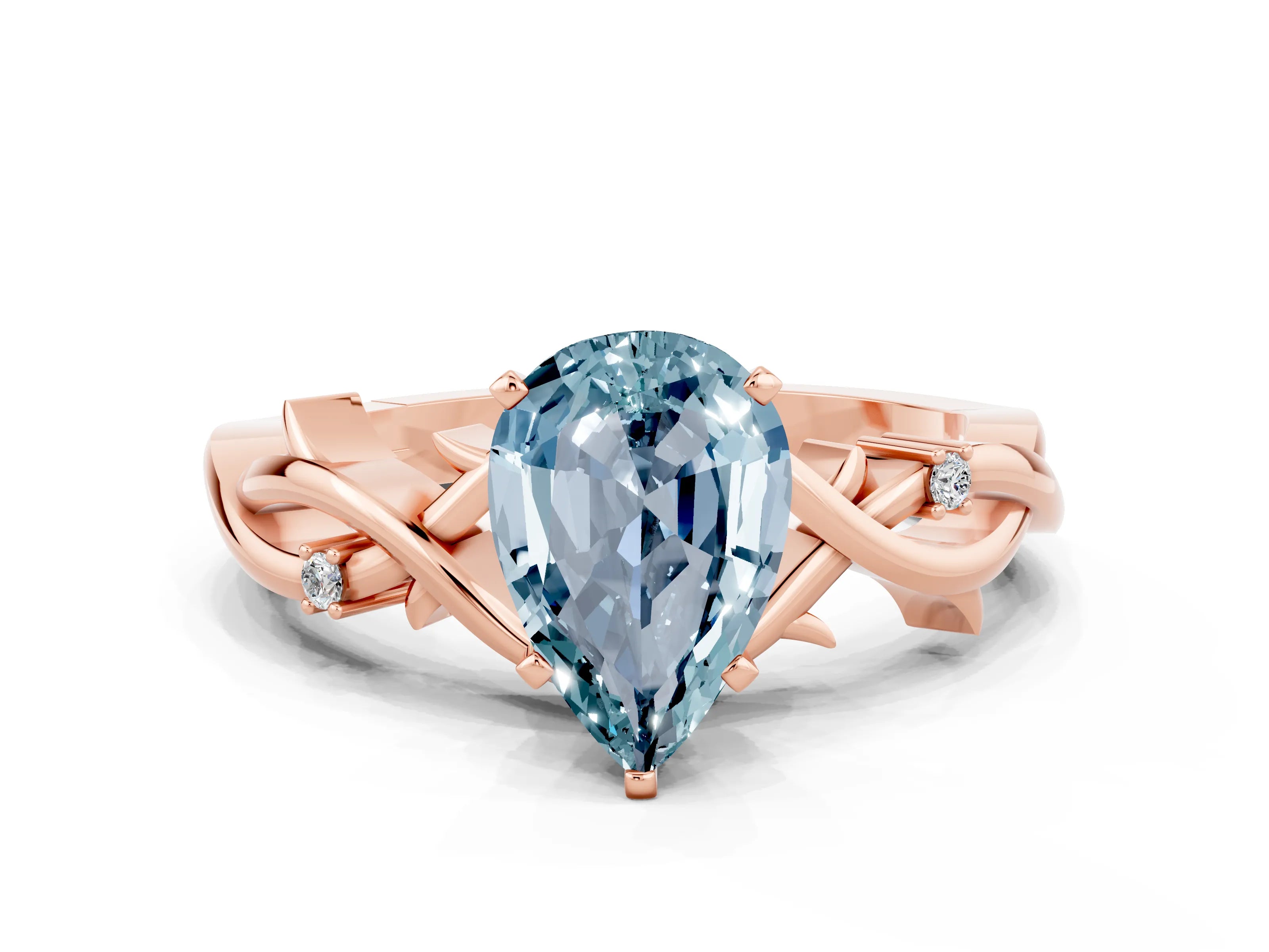 Rose gold Pear Cut Aquamarine Solitaire Ring with Twisted Band and Prong Setting