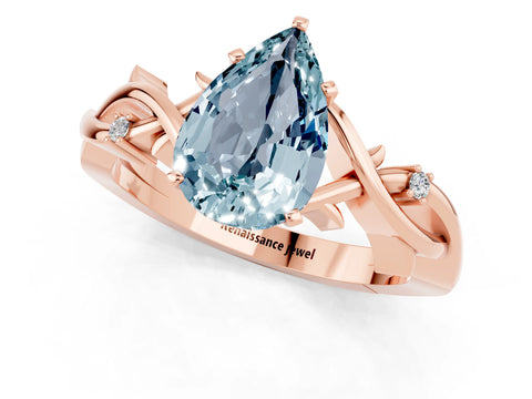 Rose gold Pear Cut Aquamarine Solitaire Ring with Twisted Band and Prong Setting_1
