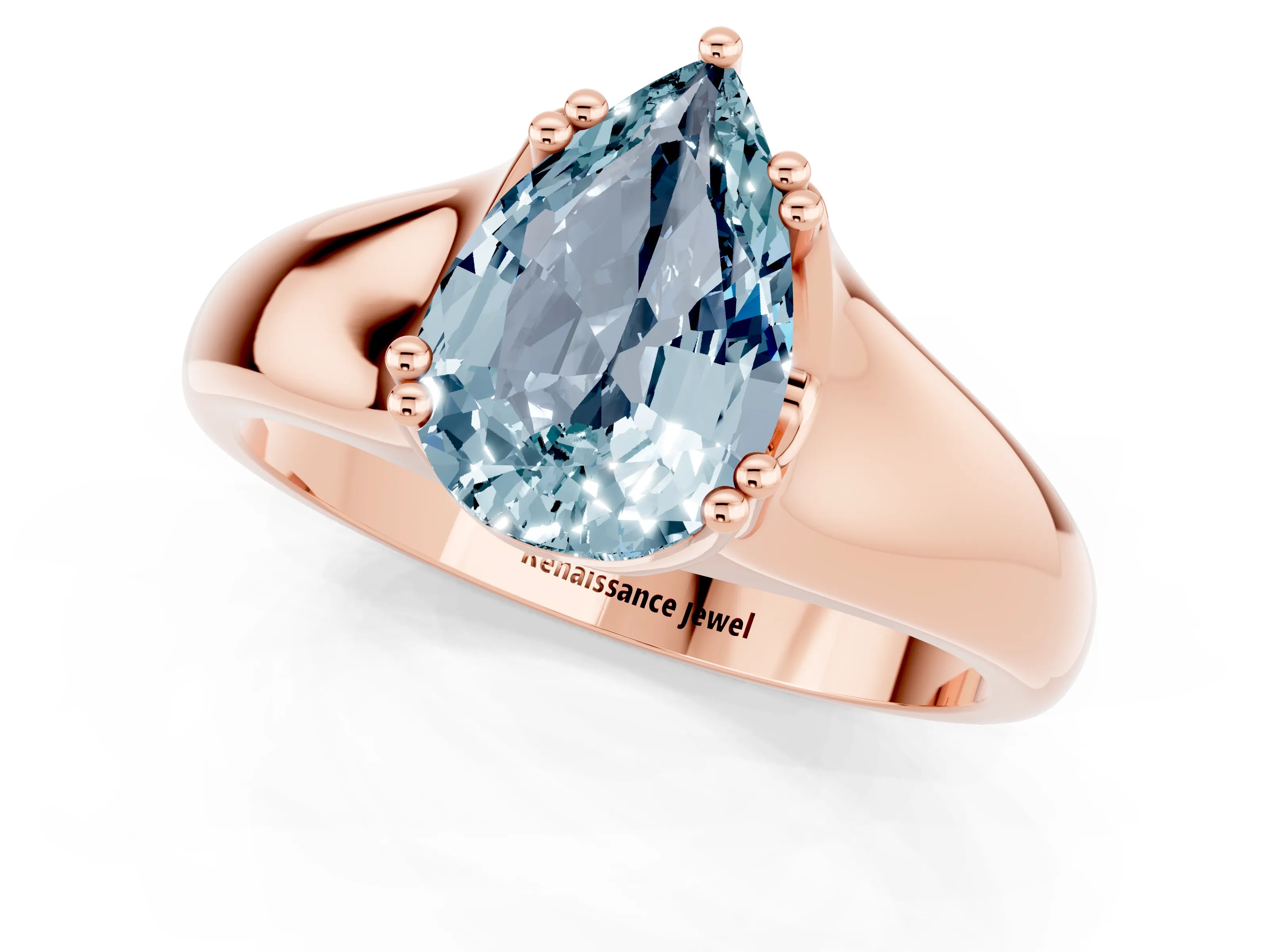 Rose gold Pear Cut Aquamarine Solitaire Ring with Wide Band and Prong Setting_1