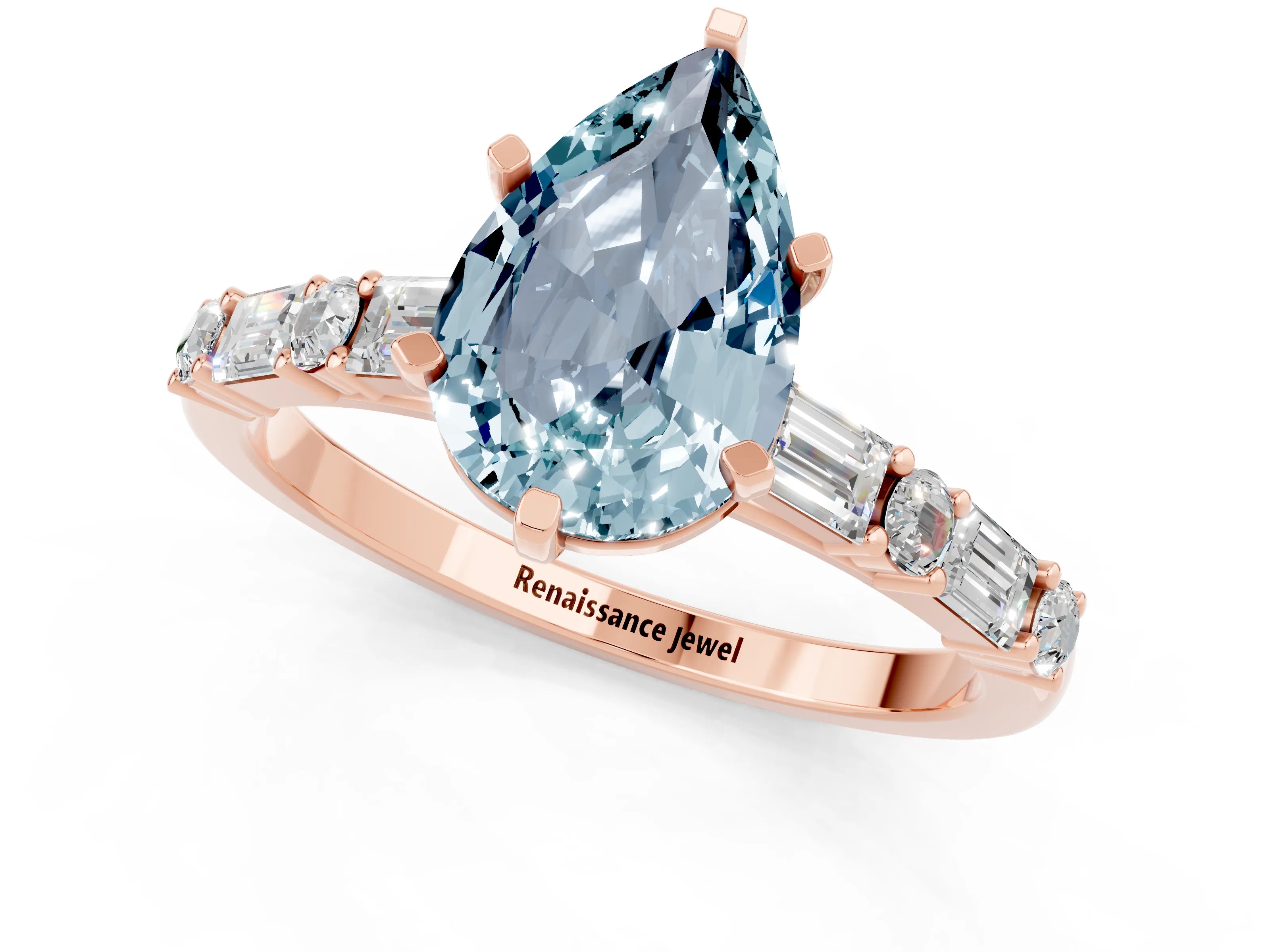 Rose gold Pear Cut Aquamarine Solitaire with Side Baguettes and Channel Set Band_1