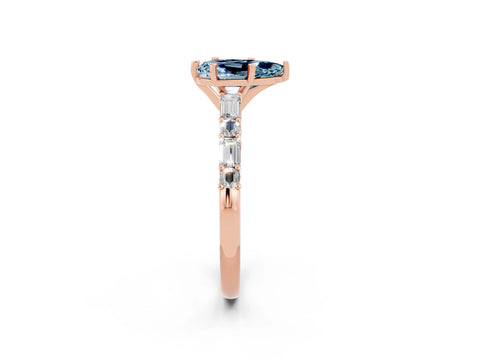Rose gold Pear Cut Aquamarine Solitaire with Side Baguettes and Channel Set Band_2