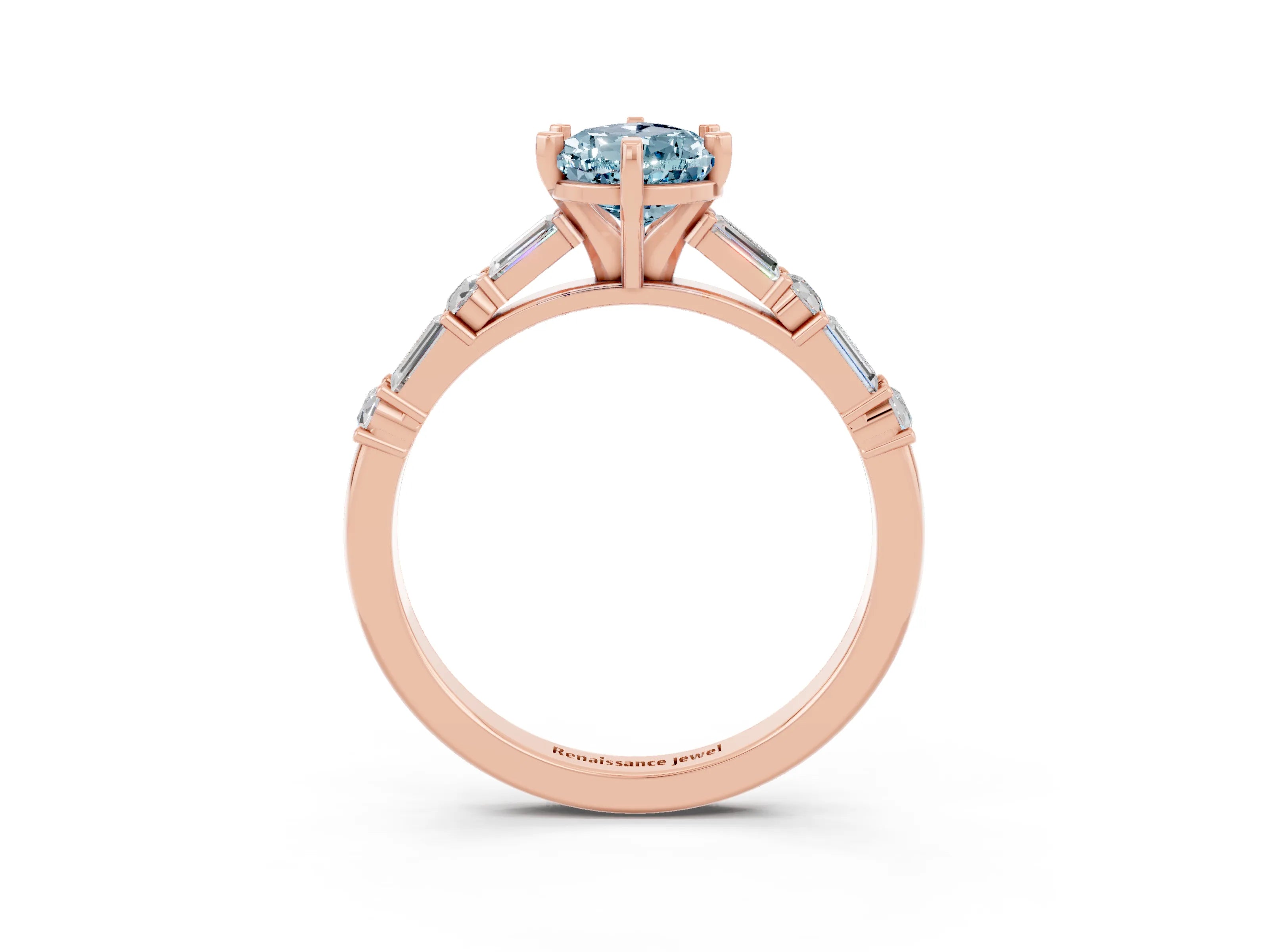 Rose gold Pear Cut Aquamarine Solitaire with Side Baguettes and Channel Set Band_3