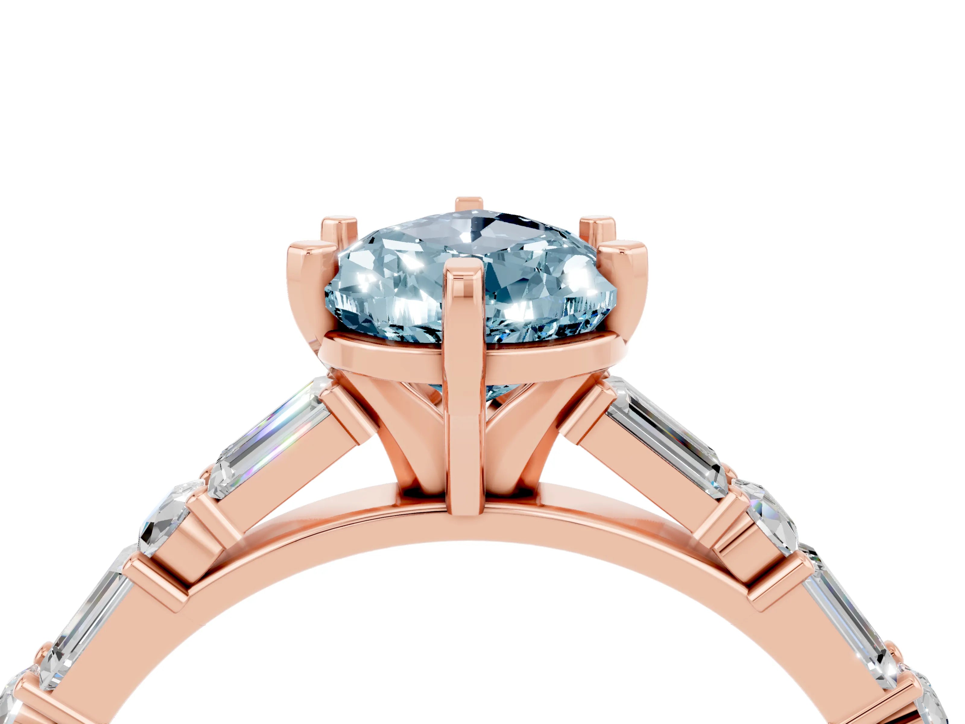 Rose gold Pear Cut Aquamarine Solitaire with Side Baguettes and Channel Set Band_4