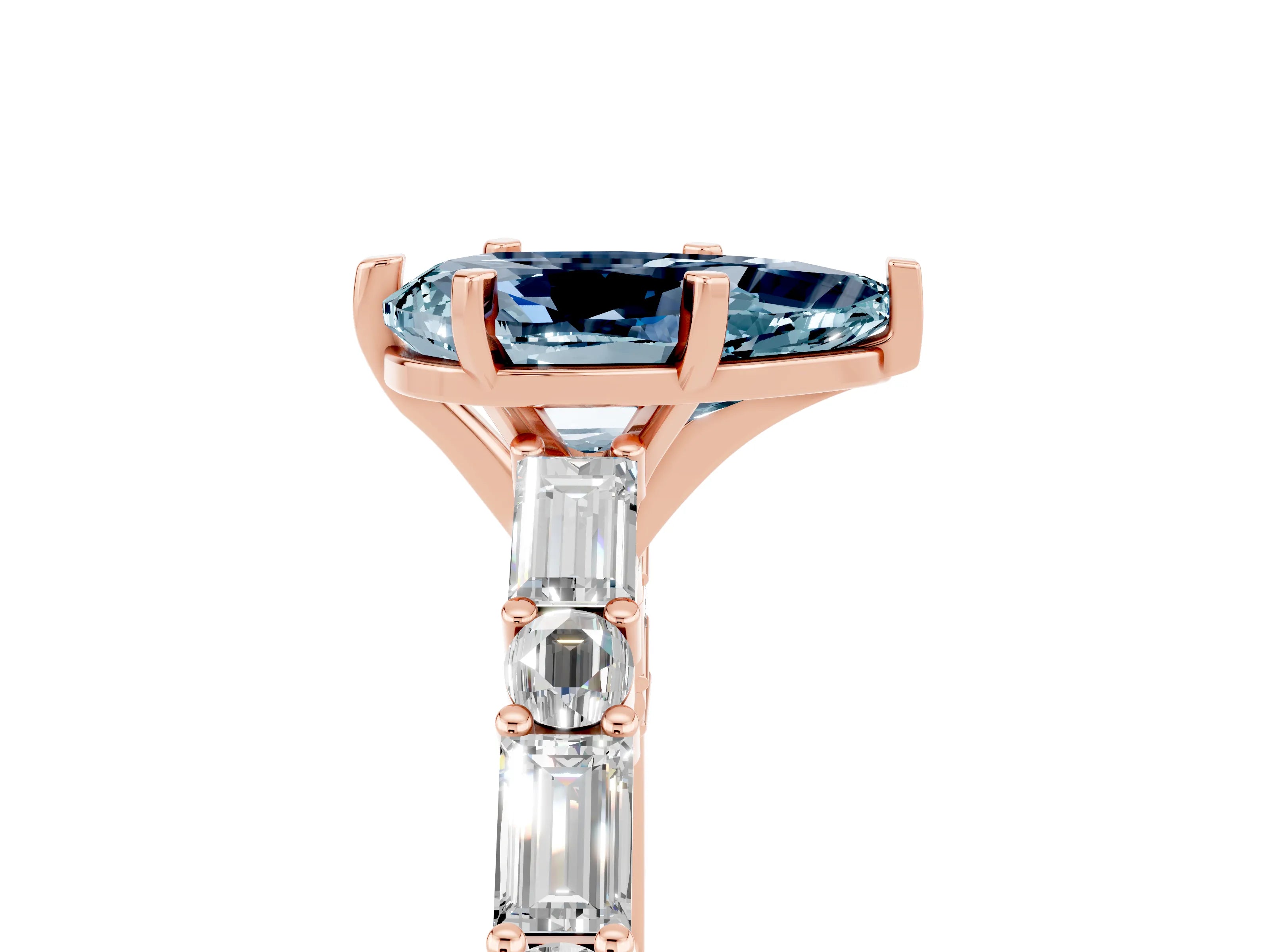 Rose gold Pear Cut Aquamarine Solitaire with Side Baguettes and Channel Set Band_5