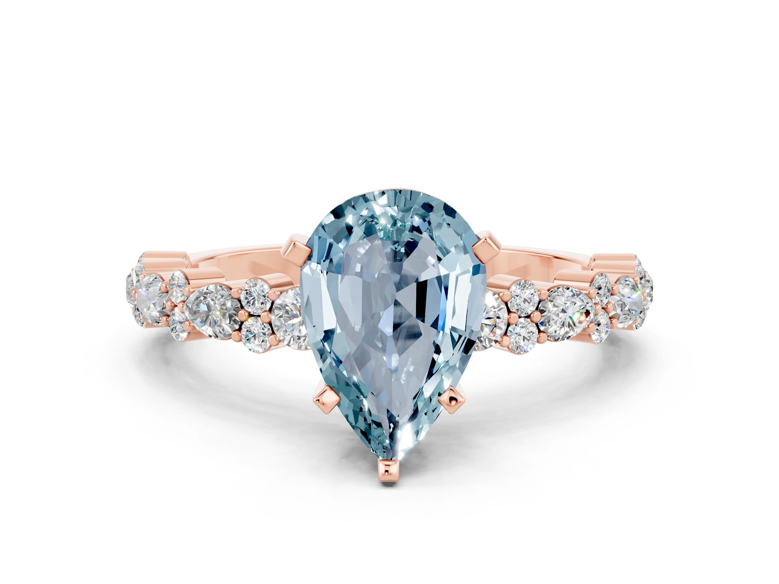 Rose gold Pear Cut Aquamarine Solitaire with Side Stones, Pave Band, Four-Prong Setting_24