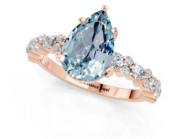 Rose gold Pear Cut Aquamarine Side Stone Solitaire Ring with Round  and Four-Prong Setting