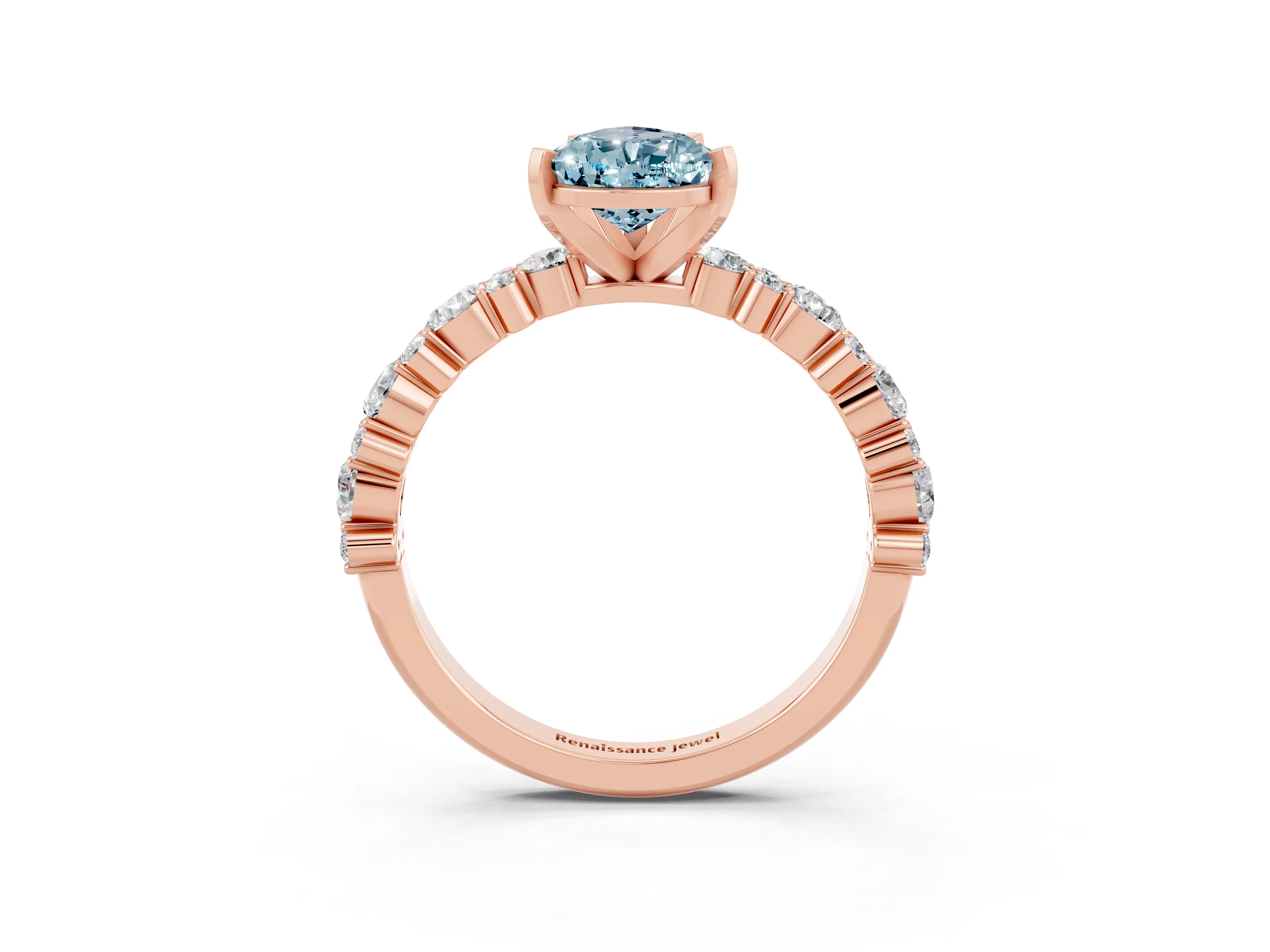 Rose gold Pear Cut Aquamarine Solitaire with Side Stones, Pave Band, Four-Prong Setting_27