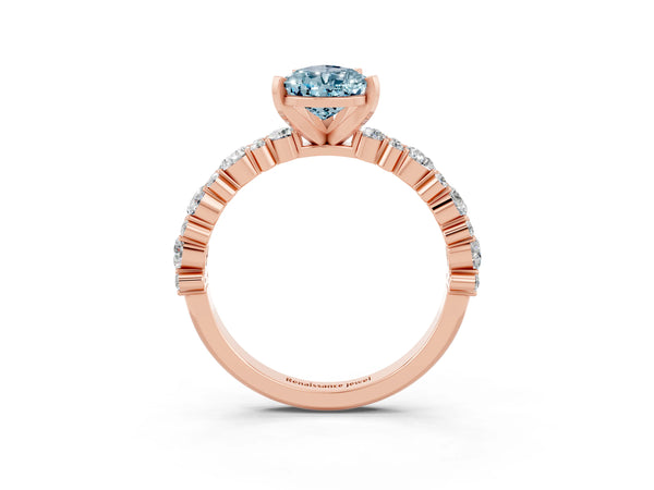 Rose gold Pear Cut Aquamarine Side Stone Solitaire Ring with Round  and Four-Prong Setting