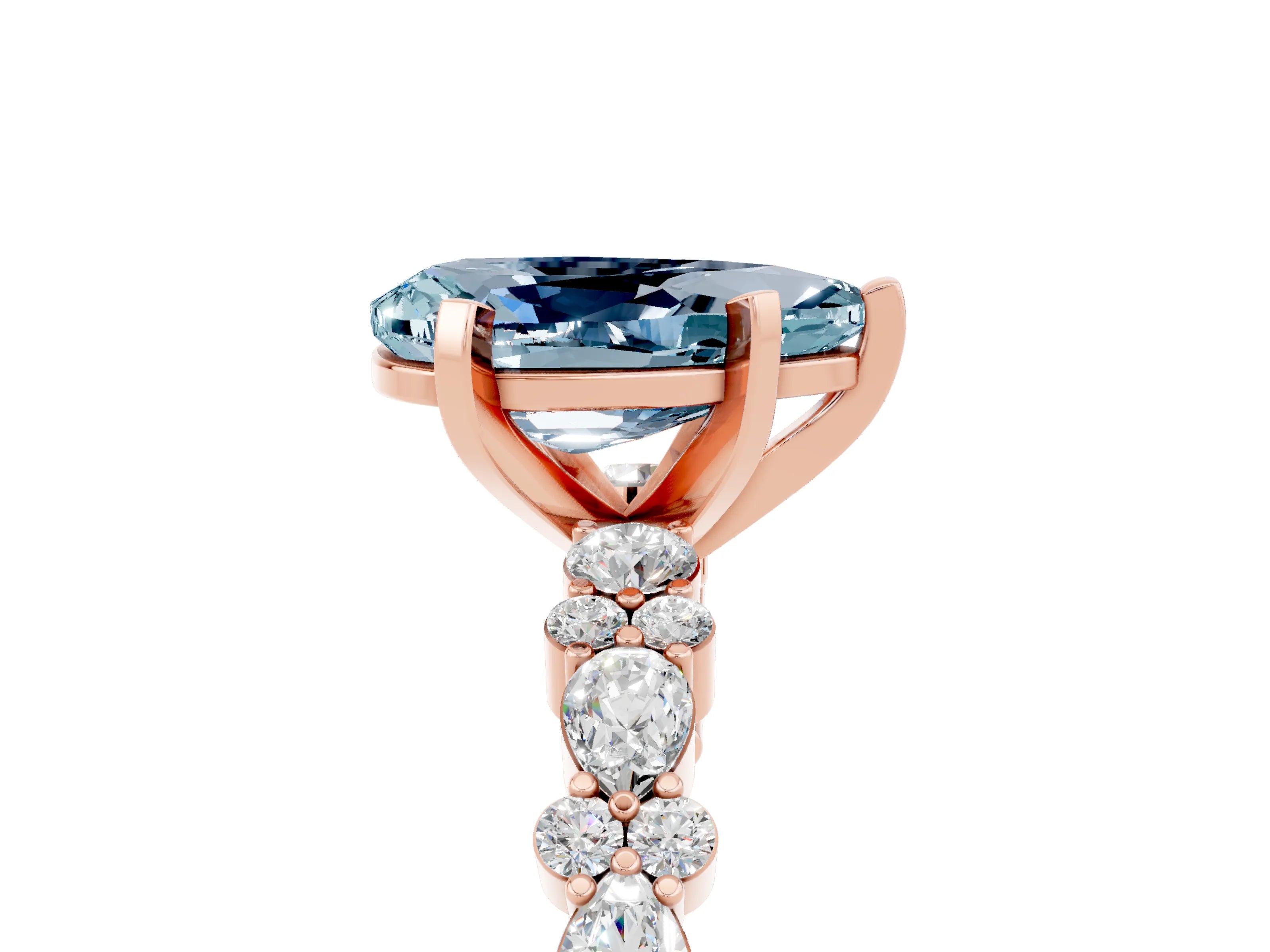 Rose gold Pear Cut Aquamarine Solitaire with Side Stones, Pave Band, Four-Prong Setting_29