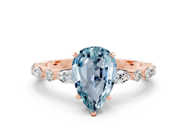 Rose gold Pear Cut Aquamarine Ring with Marquise and Round  Side Stones and Four-Prong Setting