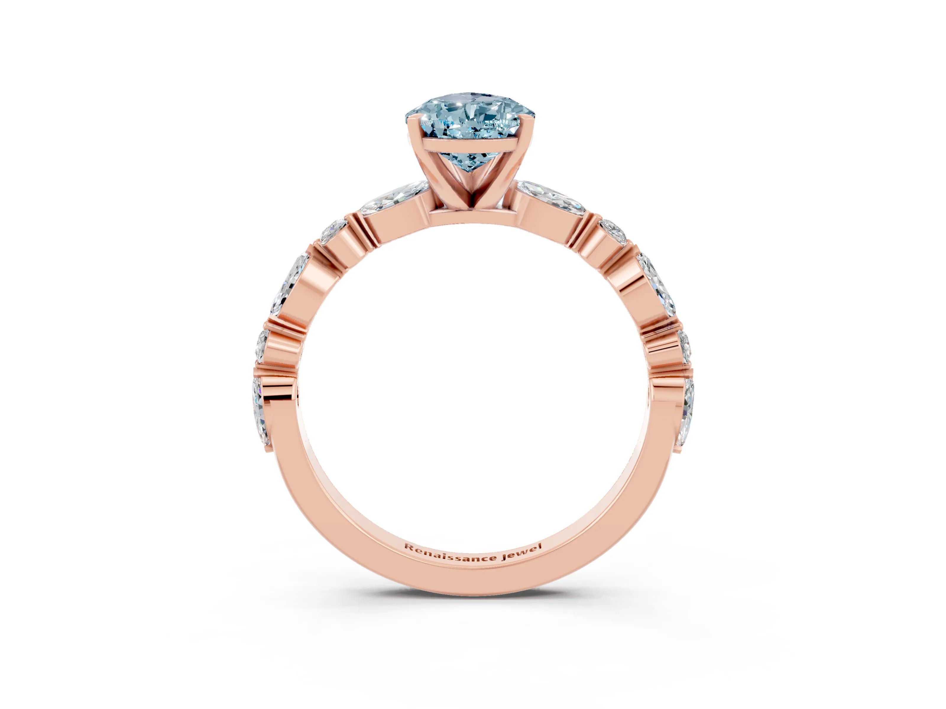 Rose gold Pear Cut Aquamarine Solitaire with Side Stones on a Pavé Band and Four-Prong Setting_3