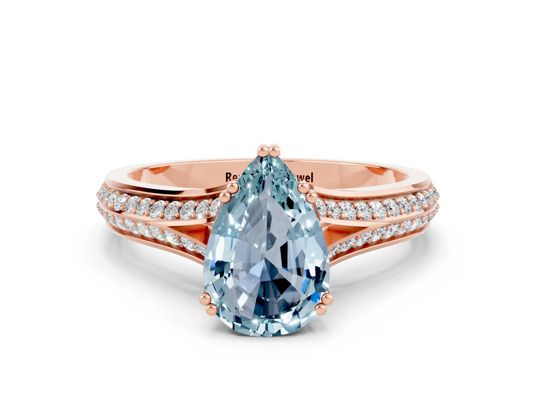 Rose gold Pear Cut Aquamarine Split Shank Engagement Ring with Pavé Band