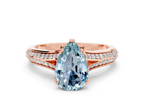 Rose gold Pear Cut Aquamarine Split Shank Engagement Ring with Pavé Band