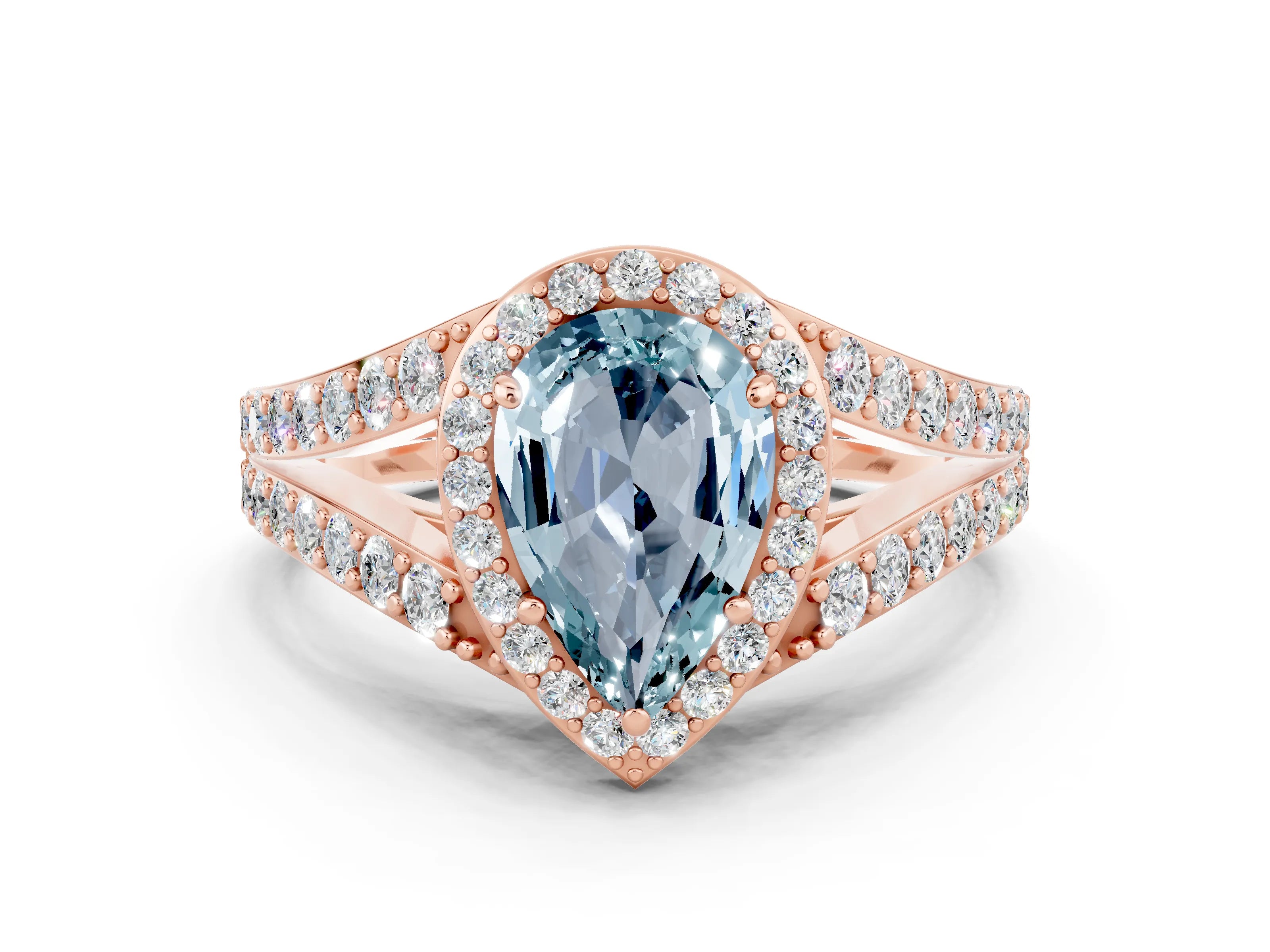 Rose gold Pear Cut Aquamarine Split Shank Halo Ring with Four-Prong Setting_12