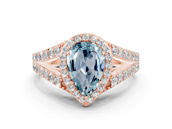 Rose gold Pear Cut Aquamarine Split Shank Halo Ring with Four-Prong Setting