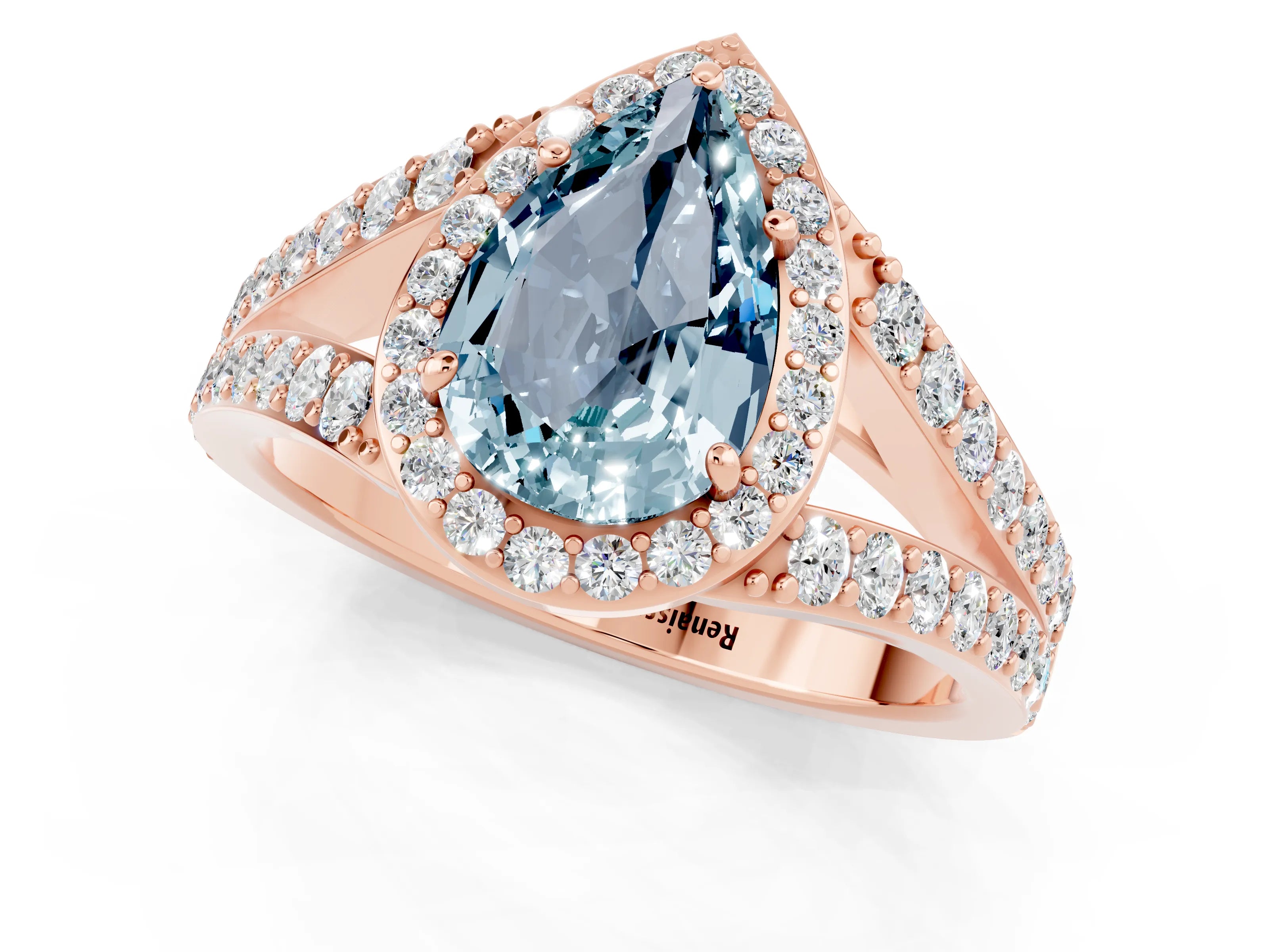 Rose gold Pear Cut Aquamarine Split Shank Halo Ring with Four-Prong Setting_13