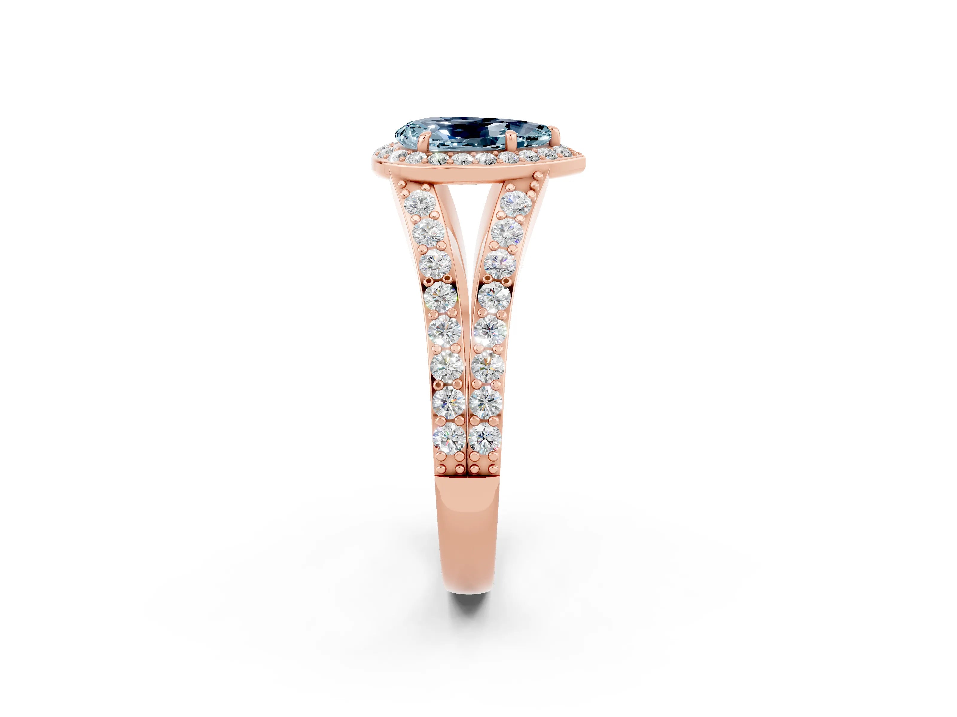 Rose gold Pear Cut Aquamarine Split Shank Halo Ring with Four-Prong Setting_14