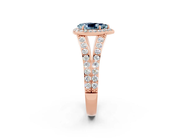 Rose gold Pear Cut Aquamarine Split Shank Halo Ring with Four-Prong Setting