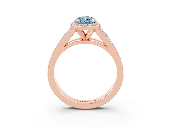 Rose gold Pear Cut Aquamarine Split Shank Halo Ring with Four-Prong Setting