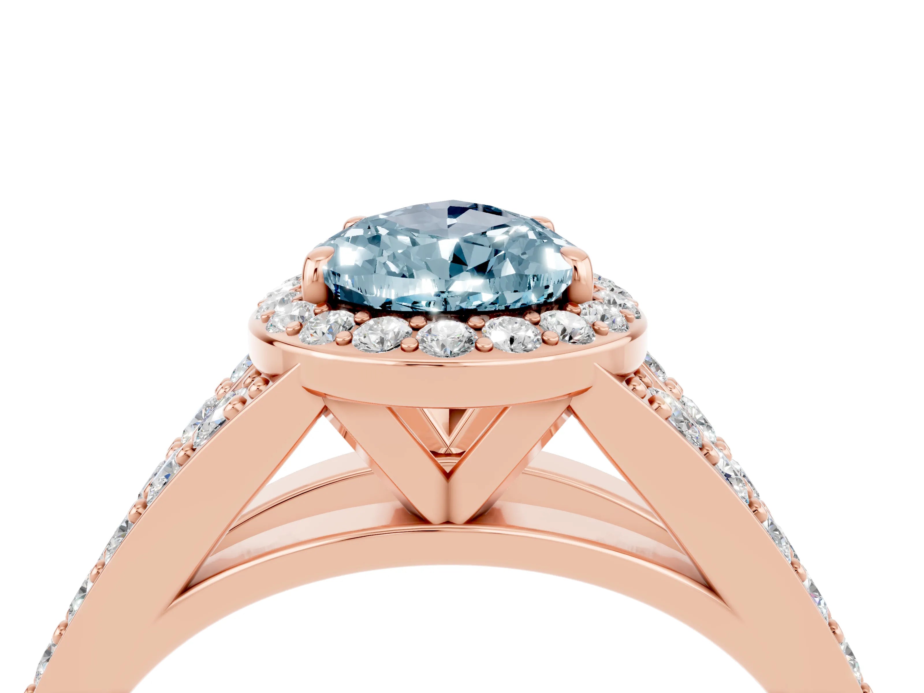 Rose gold Pear Cut Aquamarine Split Shank Halo Ring with Four-Prong Setting_16