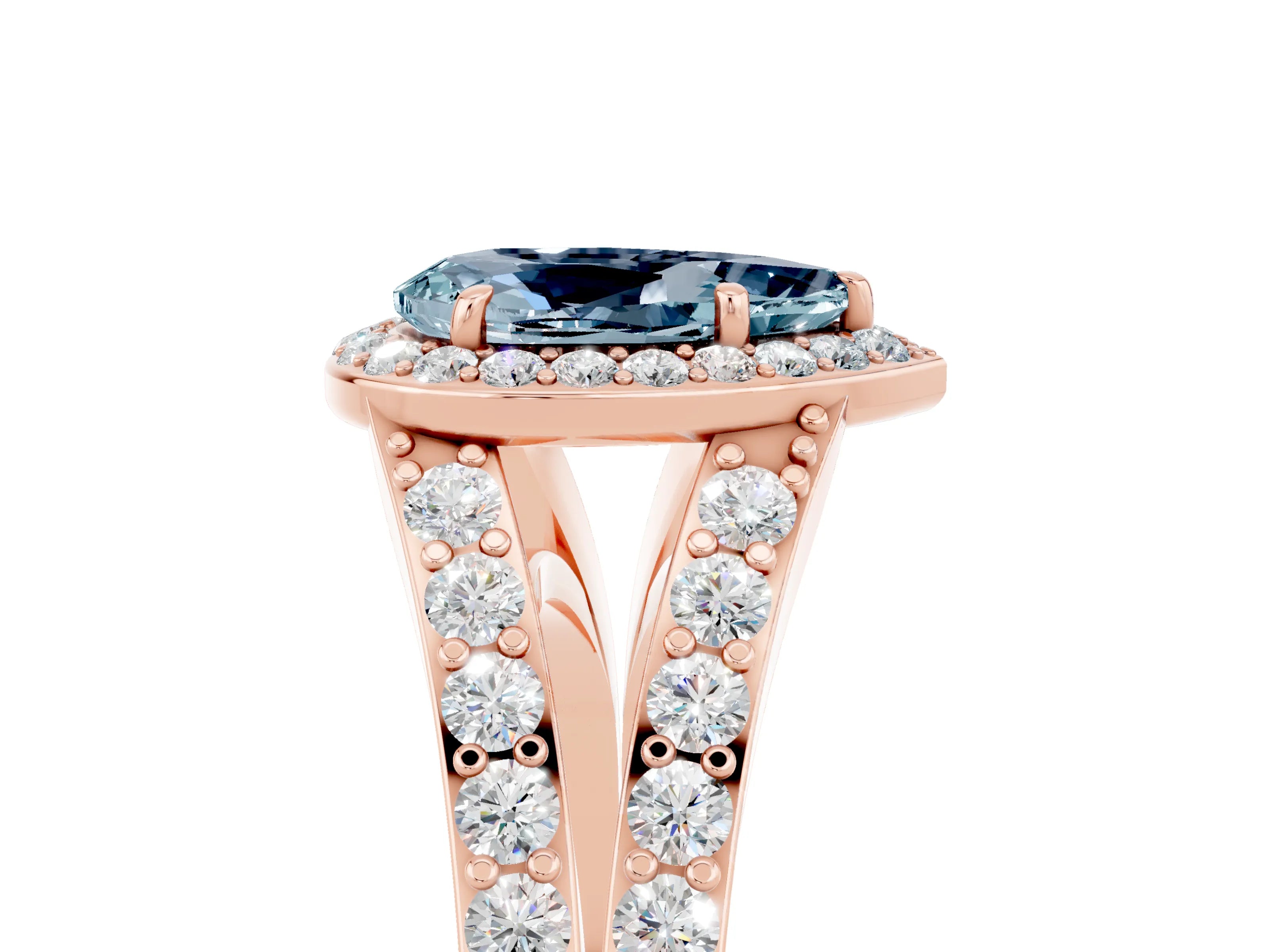 Rose gold Pear Cut Aquamarine Split Shank Halo Ring with Four-Prong Setting_17