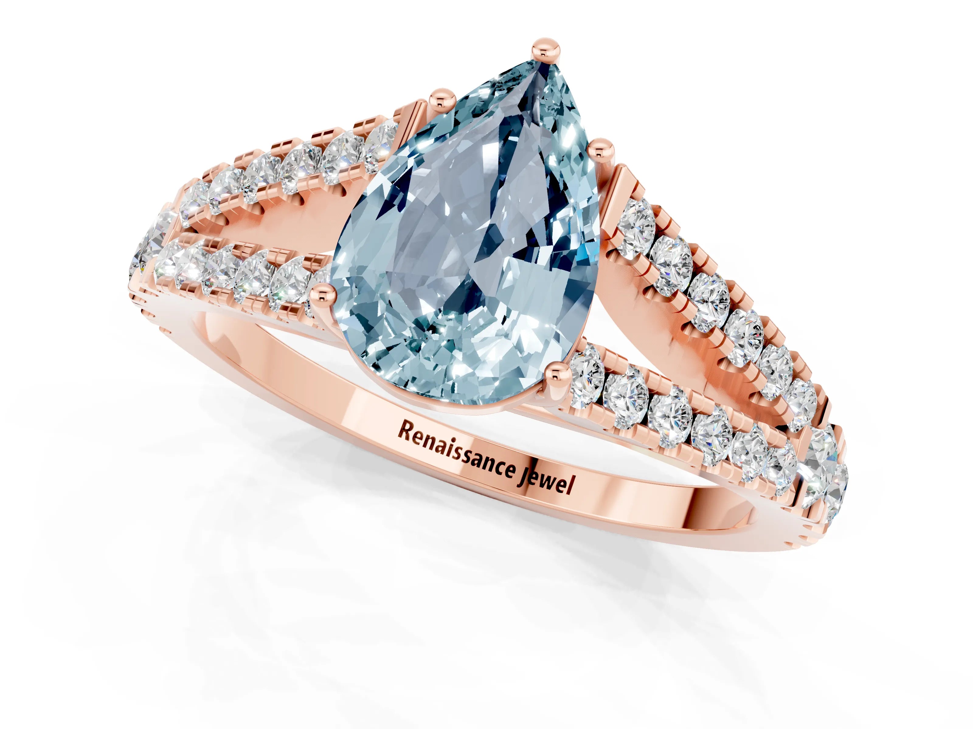 Rose gold Pear Cut Aquamarine Split Shank Pavé Engagement Ring with Four-Prong Setting_13