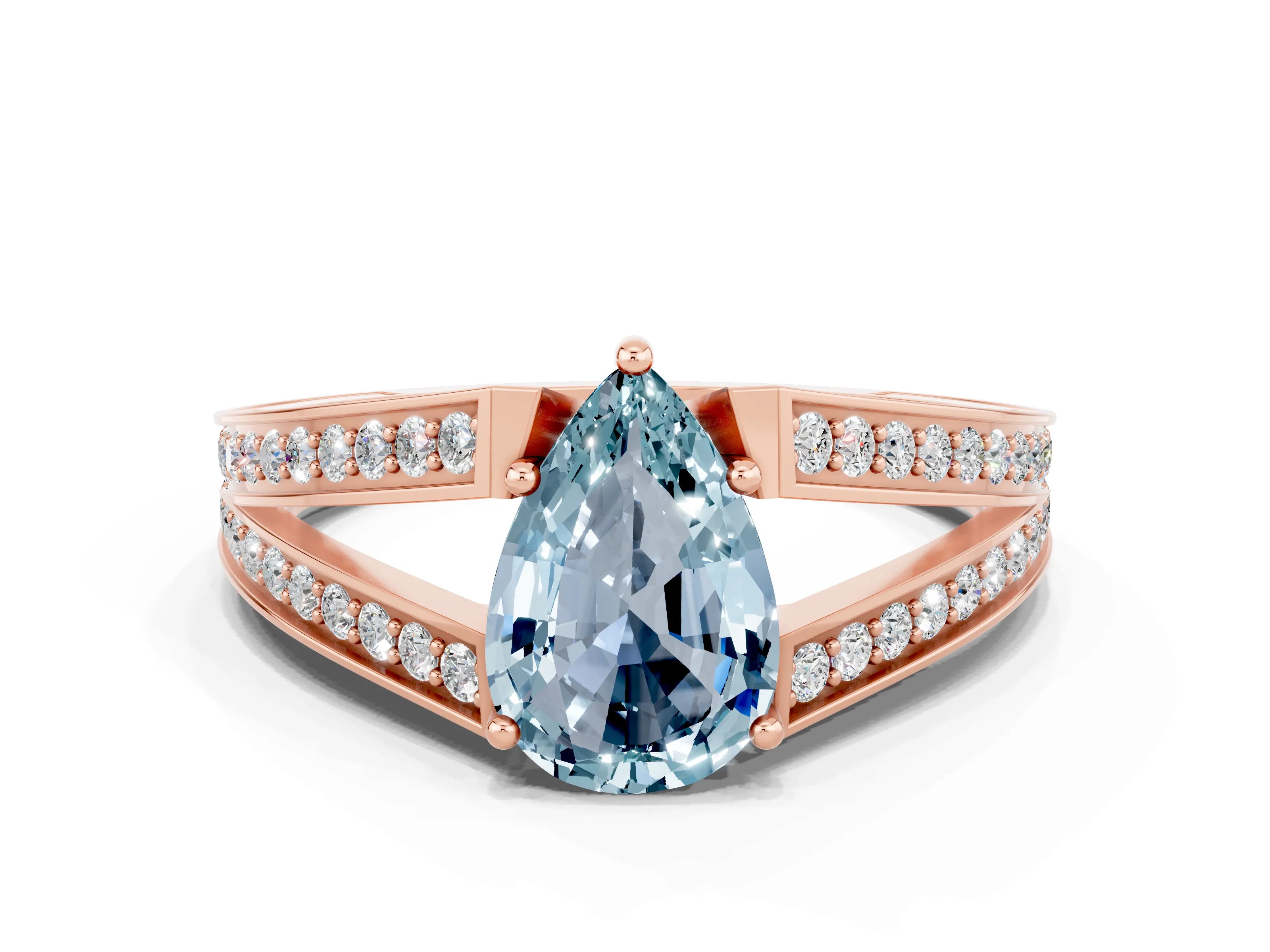 Rose gold Pear Cut Aquamarine Split Shank Ring with Pavé Band and Four-Prong Setting