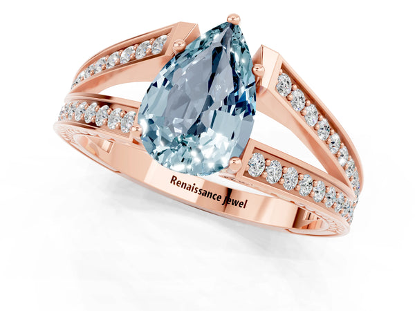 Rose gold Pear Cut Aquamarine Split Shank Ring with Pavé Band and Four-Prong Setting