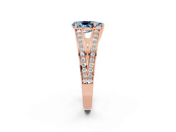 Rose gold Pear Cut Aquamarine Split Shank Ring with Pavé Band and Four-Prong Setting