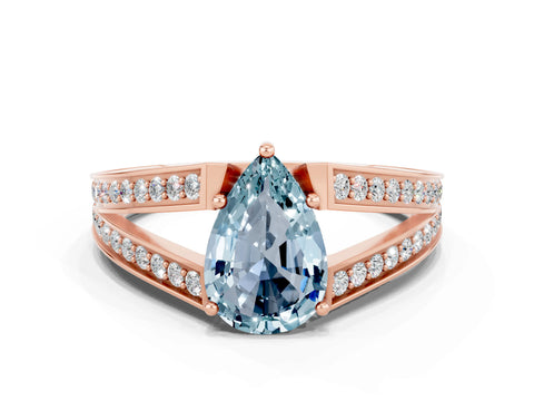 Rose gold Pear Cut Aquamarine Split Shank Ring with Pavé Band and Four-Prong Setting