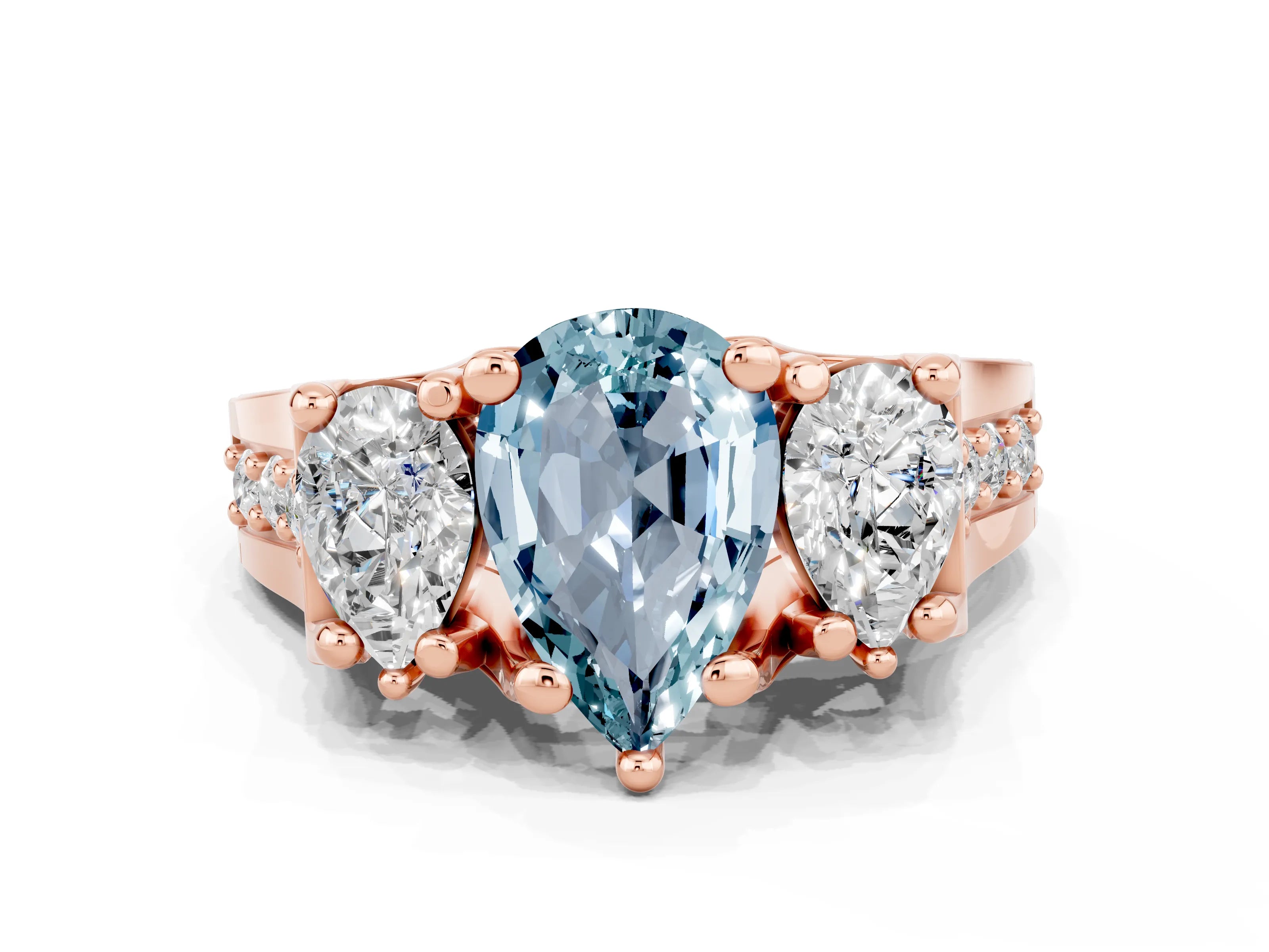 Rose gold Pear Cut Aquamarine Three-Stone Ring with Channel Set Band and Four-Prong Setting